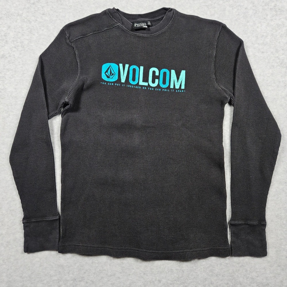 Volcom Men's Medium Black Waffle Knit Thermal Long Sleeve Shirt Skate Y2K VTG